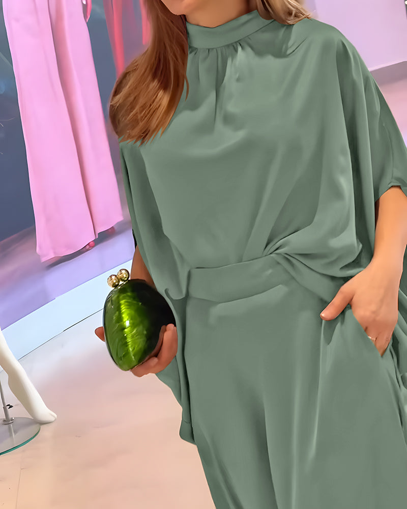 2 Pieces Outfit Stand Collar Batwing Sleeve Tie Back Top and High Waist Elastic Back Waist Skirt Set Elegant Satin Commuting Set