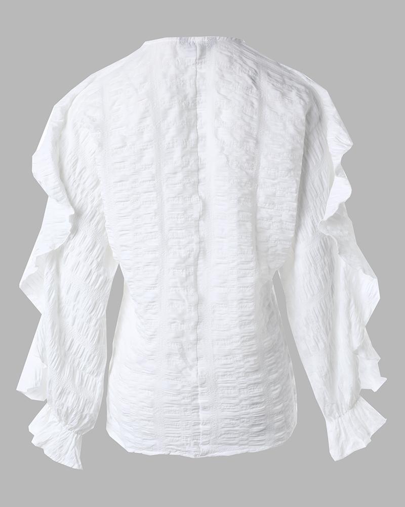 Ruffle Hem Long Sleeve Textured Blouse