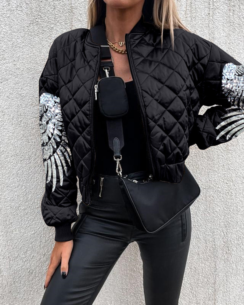 Sequin Wings Decor Argyle Pattern Baseball Collar Zip Up Jacket Casual Stretchy Hem Crop Padded Coat