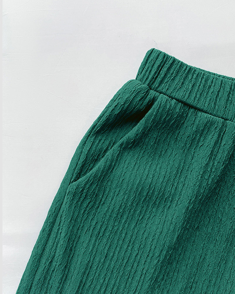 Women's Textured Knit 2 Piece Outfits Shawl Collar V Neck Wrap Top and High Waist Straight Leg Pants Set