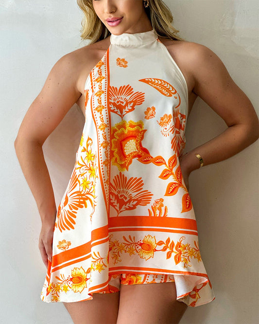 Floral Print Halter Tie Sleeveless Backless Romper Casual Skorts Romper