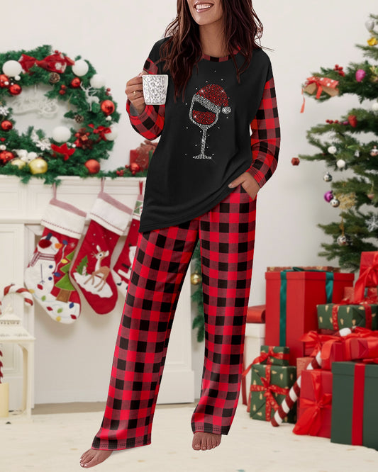 2 Pieces Outfit Rhinestone Christmas Santa Hat & Wine Glass Graphic Plaid Print Spliced Colorblock Long Sleeve Top and Plaid Print Elastic Waist Pants Set Casual Pajamas Set