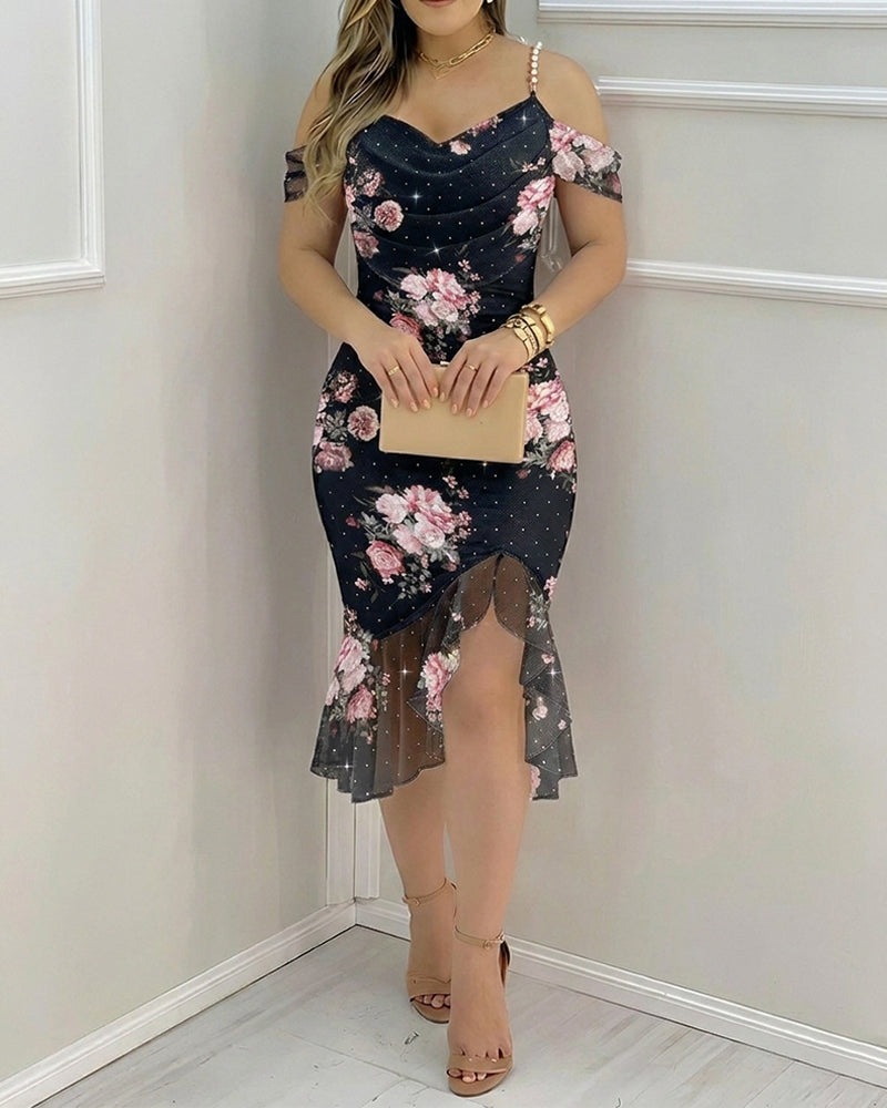 Women's French Floral Mesh Dress Sparkling Rhinestone Ruffle Hem Cami Dress Stretchy Pearl Strap Cowl Neck Bodycon Slit Dress