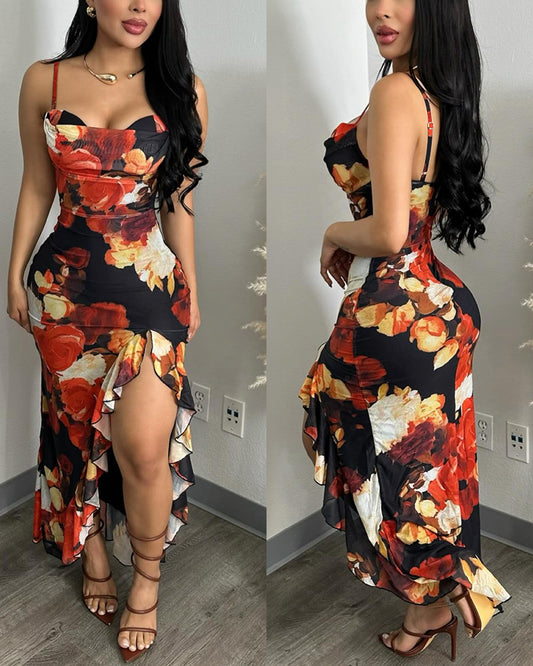 Women's Floral Print Mesh Dress Ruffle Hem High Slit Mermaid Cami Dress Sexy Sleeveless Bodycon Party Dress