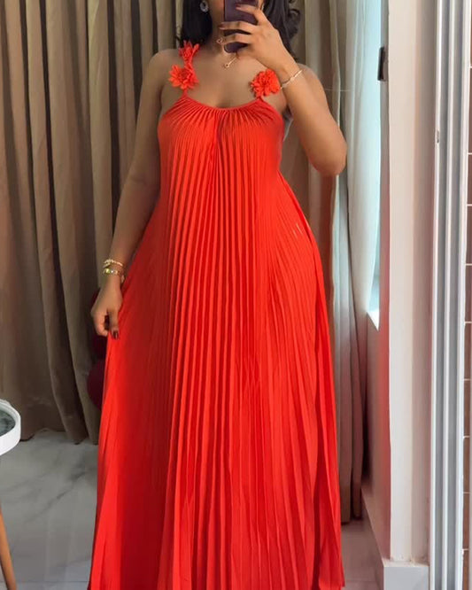 U-Neck 3D Flower Decor Adjustable Spaghetti Straps Maxi Dress Sexy Backless Criss Cross Back Pleated Dress