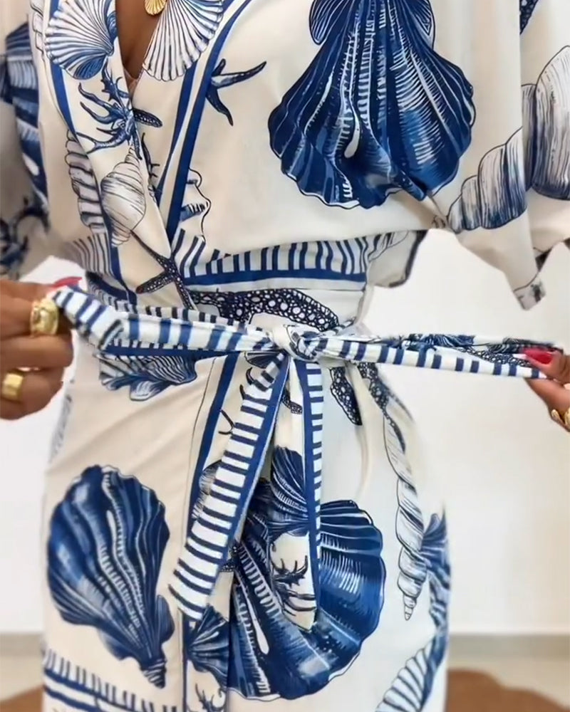 Starfish & Seashell Print Overlap V Neck Half Sleeve Wrap Knot Side Romper Casual Stretchy Back Waist Vacation Romper