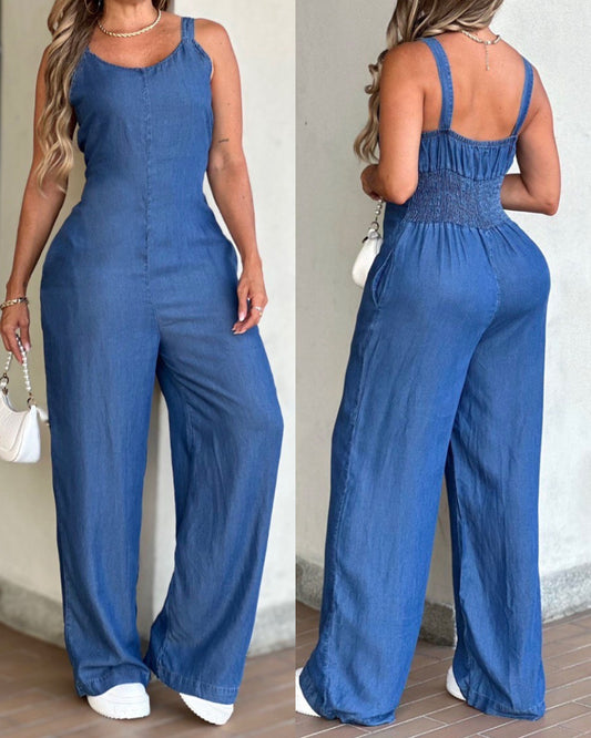 Plain V-Neck Spaghetti Strap Jumpsuit with Pockets Casual Back Shirred Wide Leg Romper