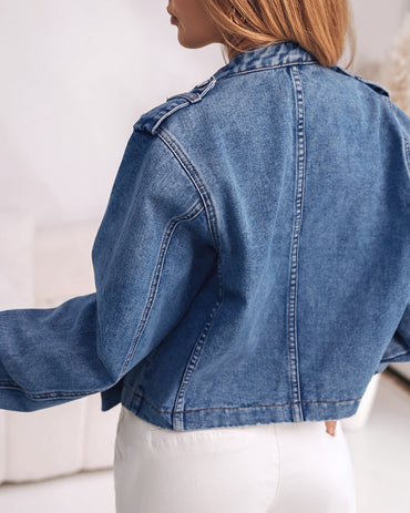 Veste en jean vintage pour femme, col montant, boutons décoratifs, coupe courte, effet délavé et poches