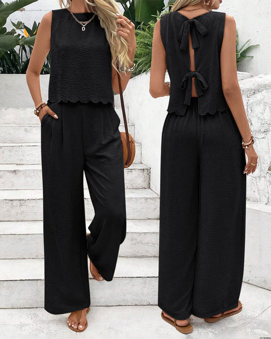2 Pieces Outfit Back Lace Up Shell Trim Sleeveless Tank and Casual Pocket Design Pants Set