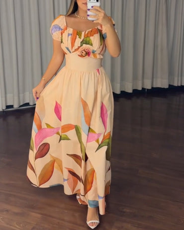 CHICME Women's Botanical Print Maxi Dress Vintage Puff Sleeve V-Neck A-Line Dress 3D Flower Detail Shirred Back Vacation Dress with Pockets