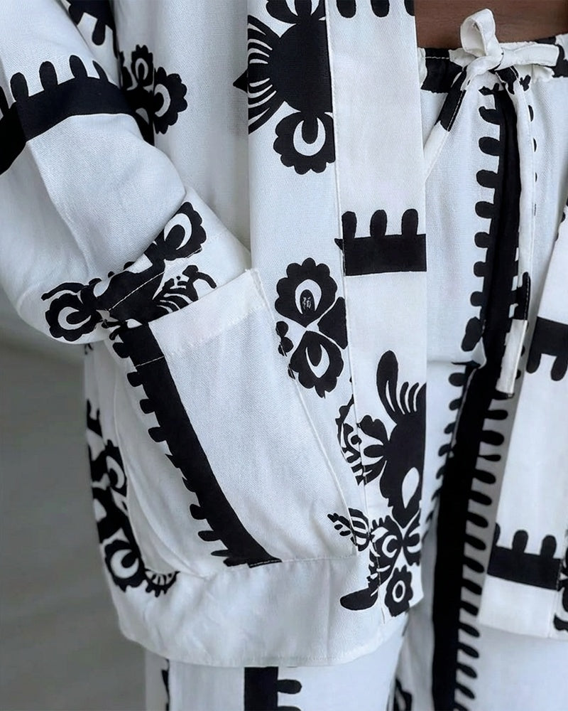 2 Pieces Outfit Open Front Long Sleeve Coat and Drawstring Elastic Waist Wide Leg Pants Set Casual Vintage Baroque Print Loose Fit Set without Tank Top