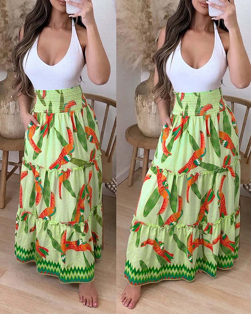 Women's Tropical Toucan Maxi Skirt Shirred High Waist Ruffle Boho Skirt Flowy A-Line Skirt with Pockets