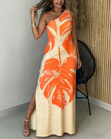 CHICME Women's Tropical Monstera Leaf Print One Shoulder Maxi Dress Side Slit Bodycon Dress with Pockets and Zipper