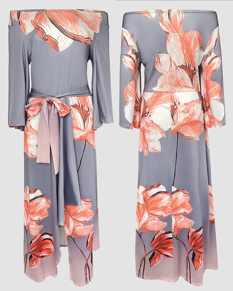 Floral Placement Print Off Shoulder Bow Tie Waist Dress Casual Asymmetrical Hem Vacation Dress