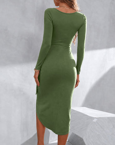 Women's Long Sleeve U-Neck Wrapped Slit Dress Ruched Side Tie Bodycon Dress