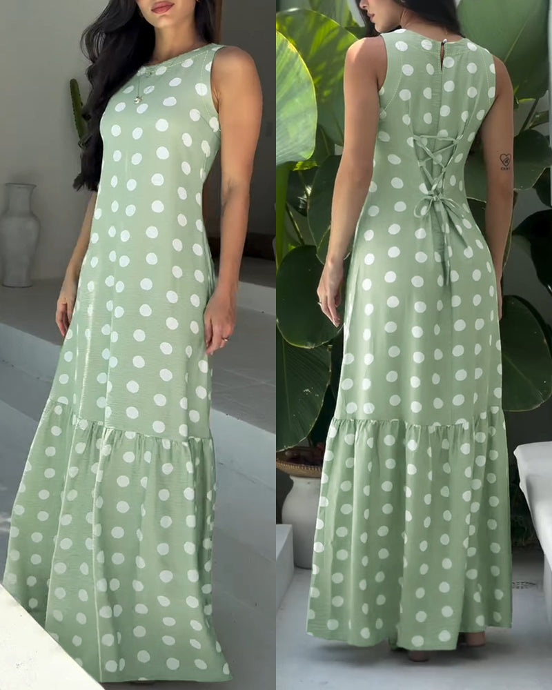Women's Polka Dot Maxi Dress Casual Sleeveless Lace up Back Vacation Dress Elegant Ruffle Hem Loose A Line Long Sundress 2 Women's Polka Dot Maxi Dress Casual Sleeveless Lace up Back Vacation Dress Elegant Ruffle Hem Loose A Line Long Sundress - Image 2