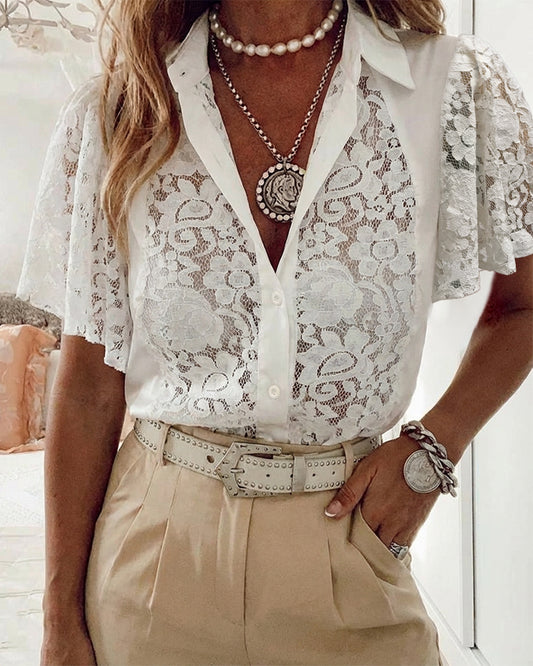 Turn-down Collar Butterfly Sleeve Button Front Shirt Sexy Lace Spliced Sheer Top