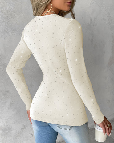 V-Neck Twisted Rhinestone Decor Top Slim Fit Pullover Ribbed Blouse