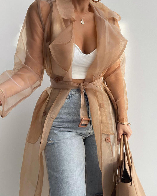 Notched Collar Long Sleeve Double Breasted Sheer Mesh Jacket Casual Longline Trench Coat with Belt