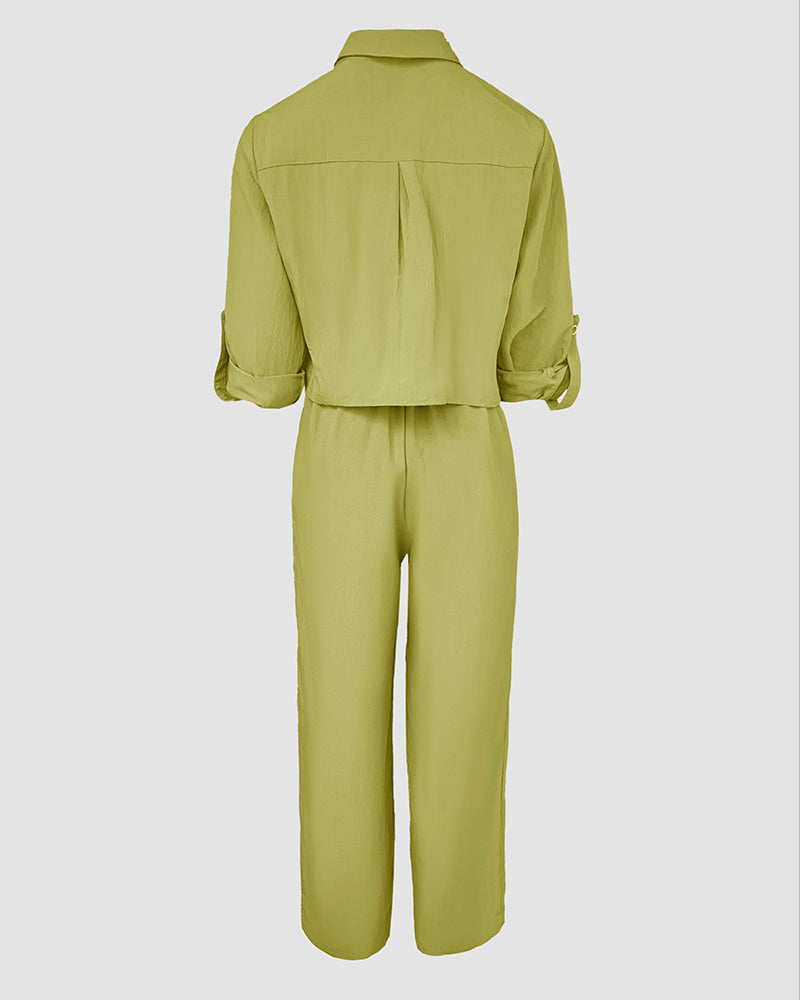 2 Pieces Outfit Turn-down Collar Turn-Up Sleeves Button Front Flap Pockets Design Top and Causal Zipper Fly Elastic Back Waist Wide Leg Pants Set