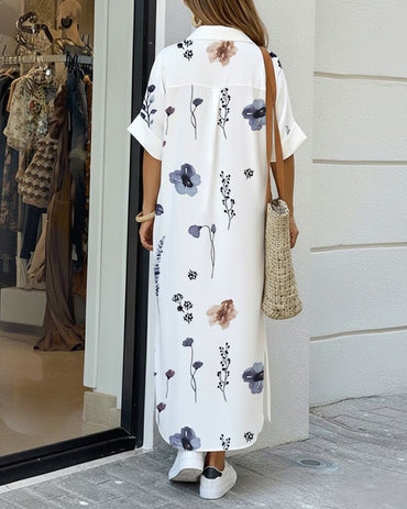 Floral Print Short Sleeve Turn-down Collar Shirt Dress Casual Button Details Midi Dress