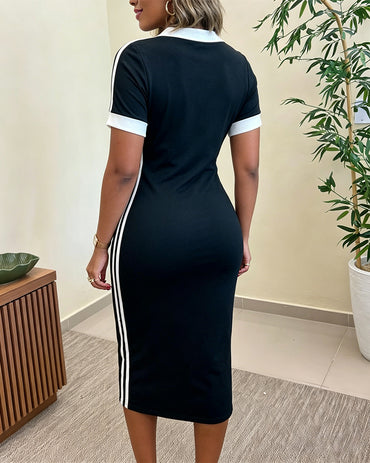 Women's Side Contrast Stripe V-Neck Dress Short Sleeve Slim Fit Casual Dress