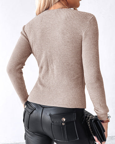 Overlap V-Neck Ruched Side Button Decor Knit Sweater Slim Fit Ribbed Pullover Top