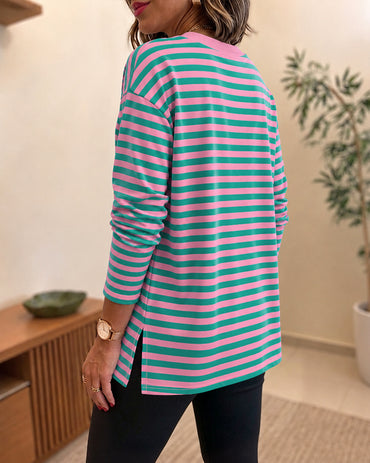 Women's Striped Crewneck Drop Shoulder Top Side Slit Loose Casual Pullover