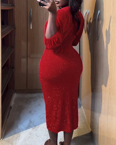 Glitter Rhinestone Lantern Sleeve Plunge V Neck Velvet Dress Elegant Slit Bodycon Midi Dress
