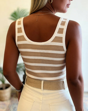 Women's Striped Henley Tank Top Sleeveless U-Neck Backless Contrast Knit Top