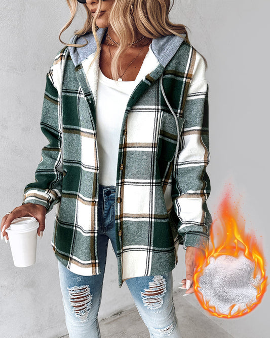 Plaid Pattern Long Sleeve Shacket Button Down Fleece Lined Hooded Jackets Warm Coat