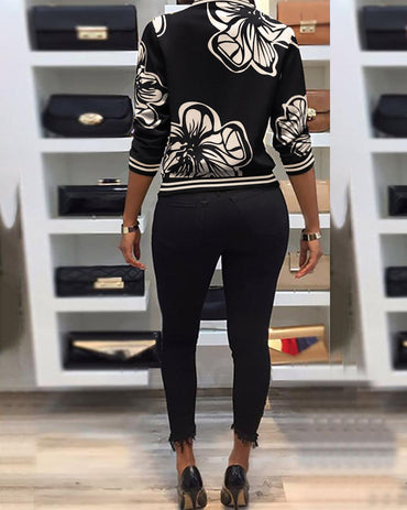 Floral Print Baseball Collar Long Sleeve Casual Jacket