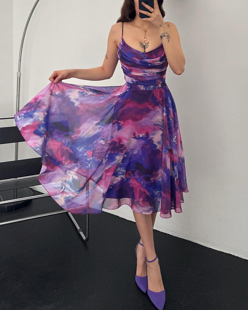 Ombre Print Spaghetti Strap Cowl Neck Dress Casual A Line Sheer Mesh Party Dress