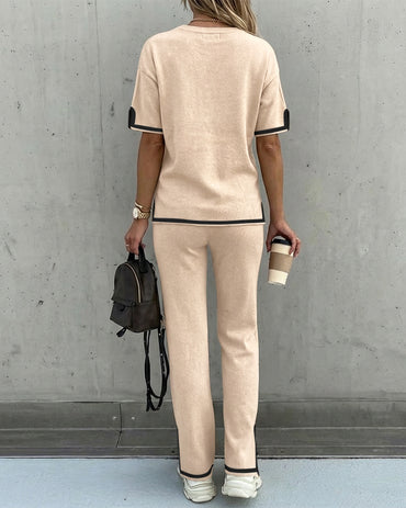 2 Pieces Outfit Round Neck Short Sleeve High-Low Hem Top and Elastic Waist Straight Leg Pants Set Casual Contrast Paneled Side Slit Knit Loungewear Set