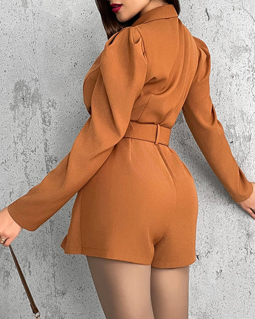 Notched Collar Puff Sleeve 2-in-1 Blazer Romper with Detachable Belt