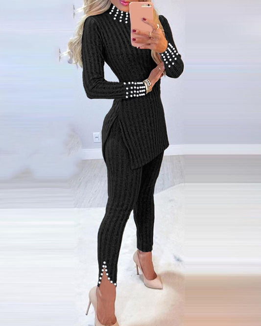 Ensemble 2 Pièces Col Montant Manches Longues Évidé Dos Fente Latérale Haut Long et Taille Haute Ourlet Fendu Pantalon Ensemble Décontracté Perles Décor Slim Fit Tricot Lounge Ensemble