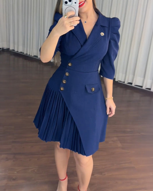 Vestido tipo blazer para mujer, con solapas de muesca, mangas abullonadas, botones laterales, bajo plisado asimétrico y corte en A; vestido profesional