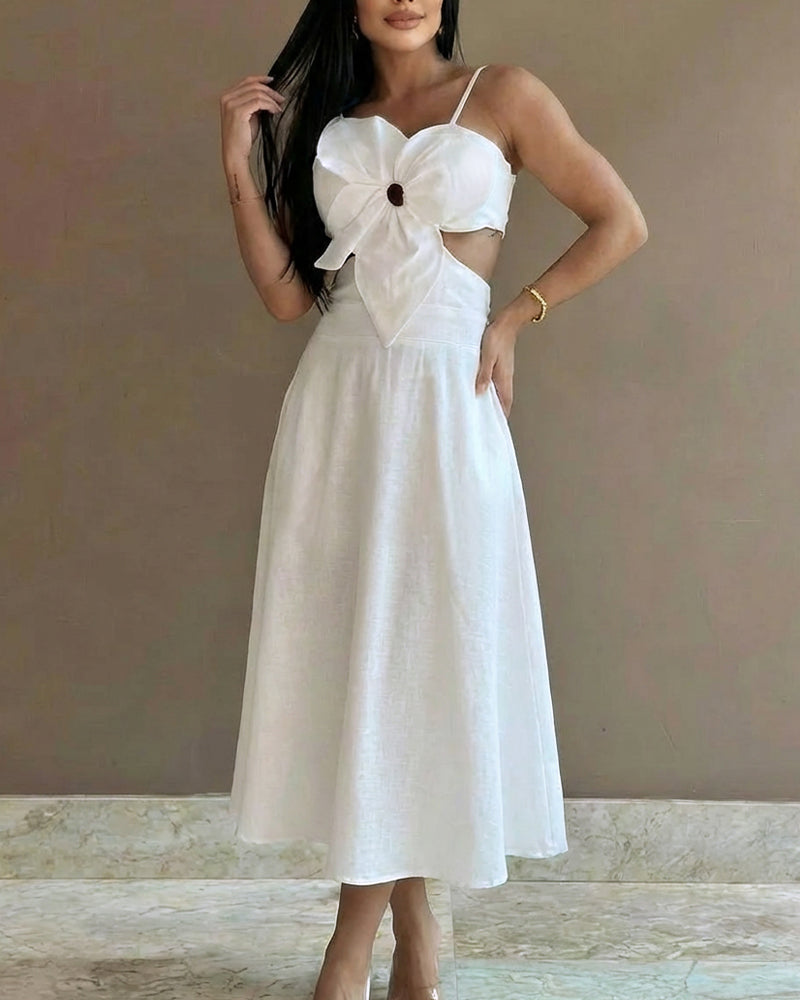 3D Flower Decor Adjustable Spaghetti Straps Zipper Back Flared Dress Casual Stretchy Back Cutout Waist Backless Tie Back Vacation Dress