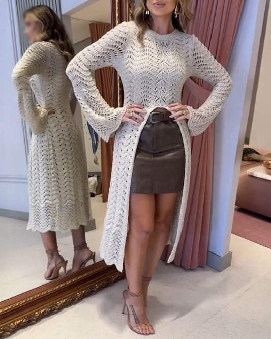 Round Neck Asymmetrical Hem Hollow Out Knitted Sweater Casual Scallop Trim Bell Sleeve Top