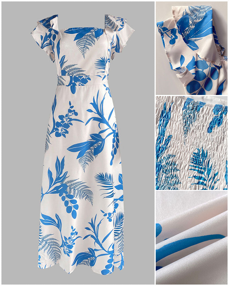 Tropical Plants Print Square Neck Flutter Sleeve Backless Maxi Dress Casual Shirred Back Cinched Waist Vacation Dress