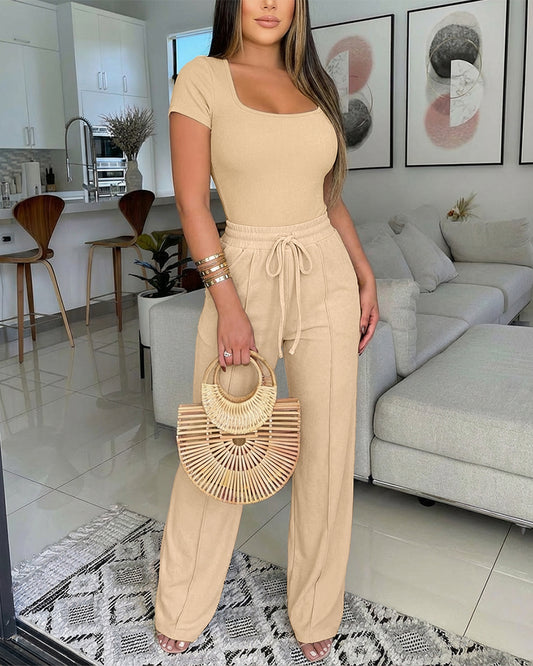 2 Pieces Outfit U-Neck Short Sleeve Slim Fit Ribbed Bodysuit and Drawstring Elastic Waist Seam Front Pants Casual Versatile Set