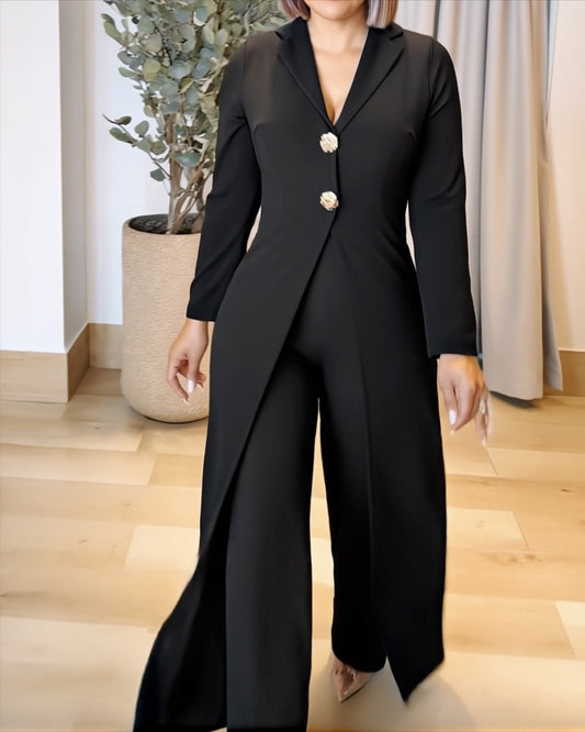 Notched Collar Long Sleeve Button Front Jumpsuit Casual Cinched Waist Wide Leg Faux Two Piece Jumpsuit