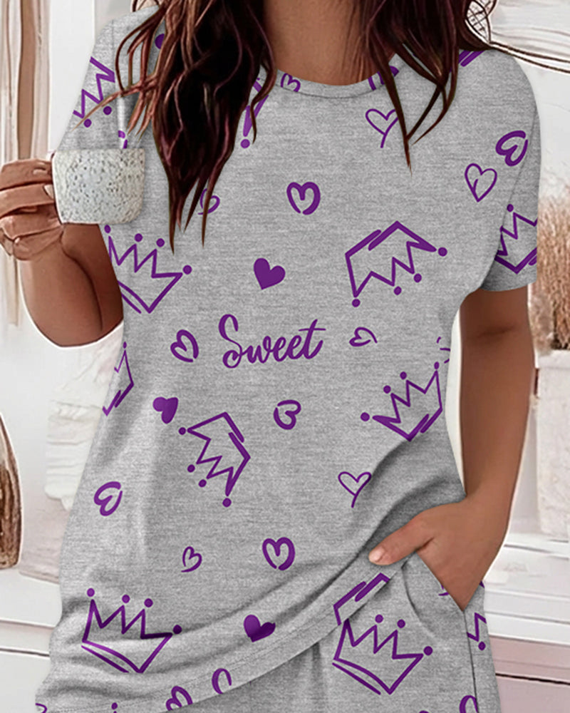 2 Pieces Outfit Sweet Letter Print Short Sleeve Top and Elastic Waist Shorts Set Casual Crown & Heart Print Pajamas Set
