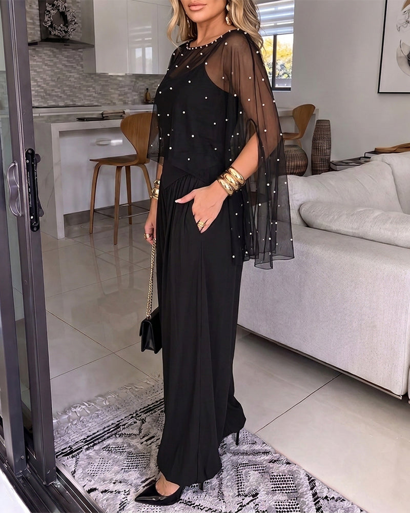 Women's 2-Piece Set Pearl Embellished Split Sleeve Chiffon Cape with Cami Lantern Jumpsuit