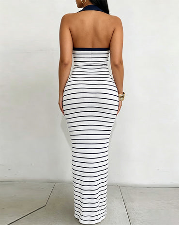 Women's Striped Halter Neck Ribbed Maxi Dress Elegant Gold Button Backless Deep V Lapel Collar Bodycon Dress