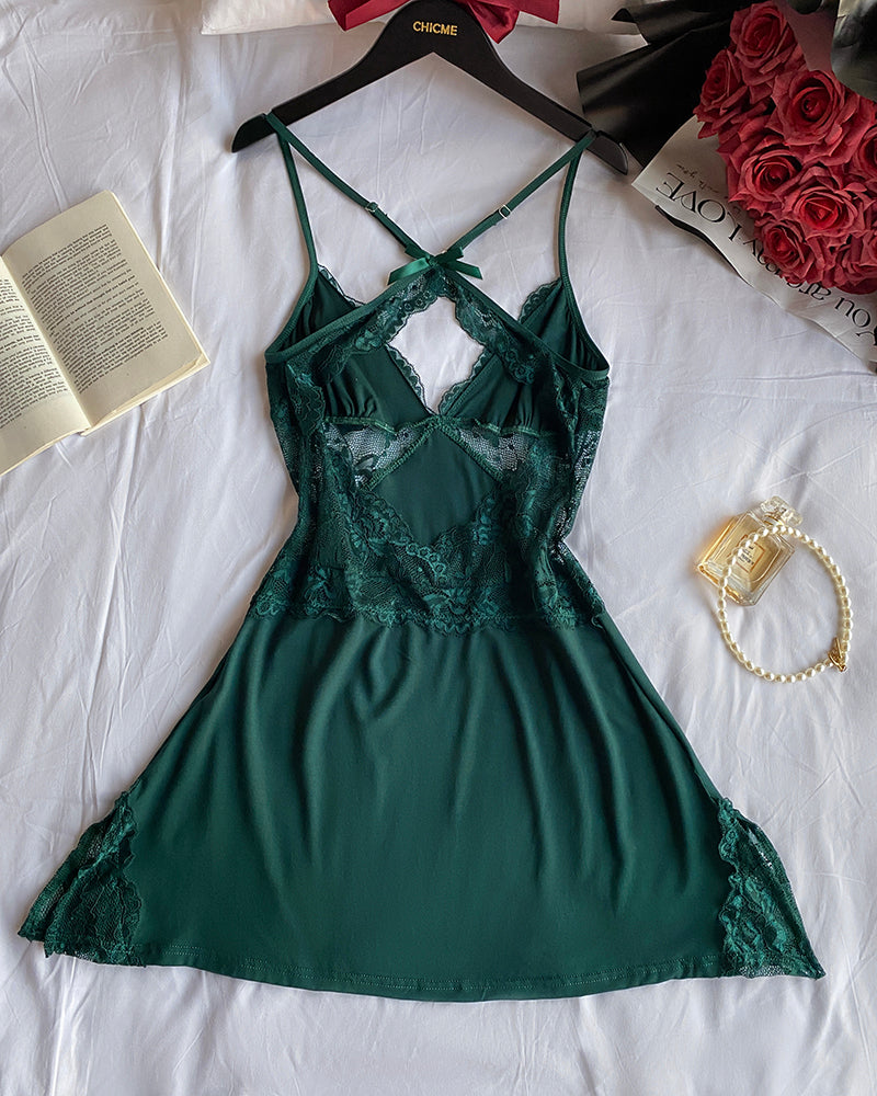 V-Neck Criss Cross Lace Patch Side Slit Babydoll Sleep Dress