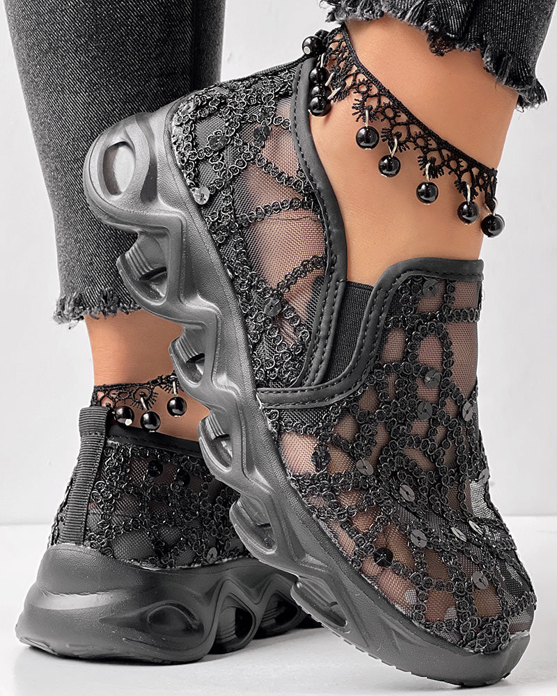 Contrast Sequin Sheer Mesh Patch Breathable Sneakers