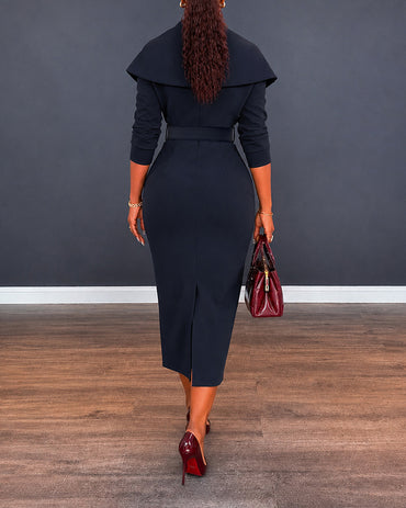 Women's Lapel Collar Wrap V-Neck Long Sleeve Slit Midi Dress with Belt