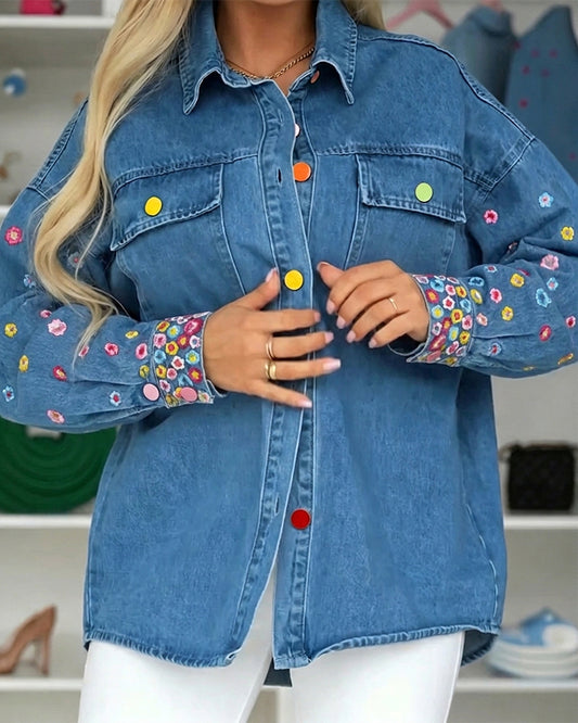 Women's Floral Embroidered Denim Jacket Colorful Button Down Jean Coat Casual Washed Shacket