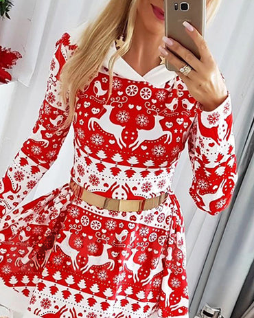 Christmas Print Hooded Long Sleeve Casual Dress Mini Flare Dress